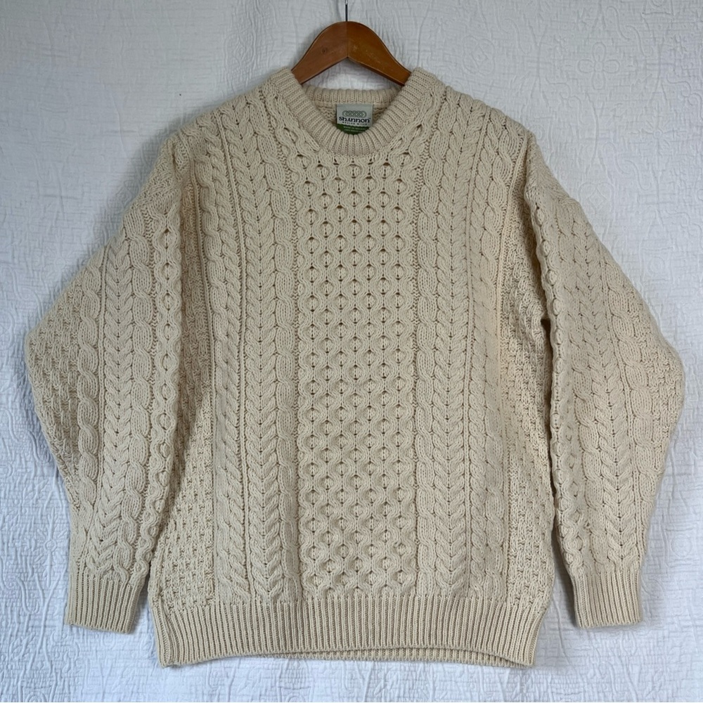 Shannon Woolen Mills Irish 100 Merino Wool Cream Knit Sweater Mens Size Medium M